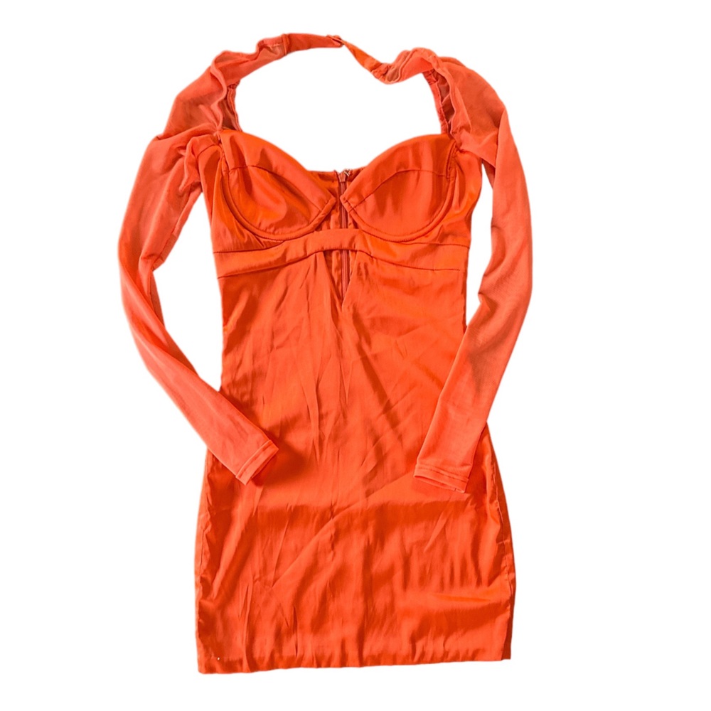 Meshin with you long sleeve satin orange mini dress with mesh sleeves